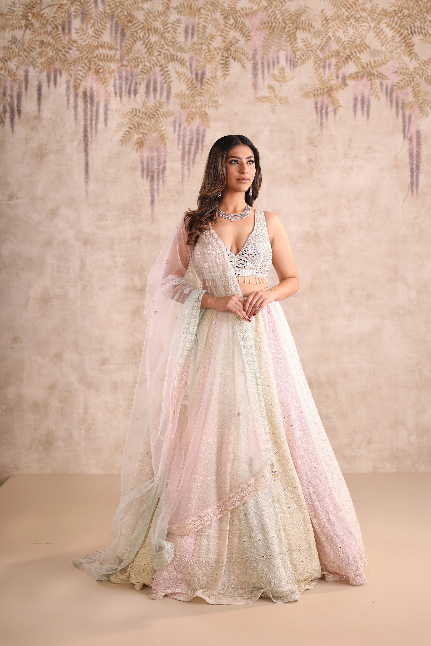 Cream Mirror Work Net Engagement Lehenga for Bridesmaid