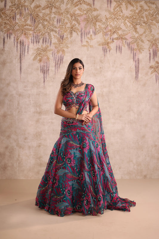 Green Multi-Color Embroidered Net Flared Lehenga for Mehendi