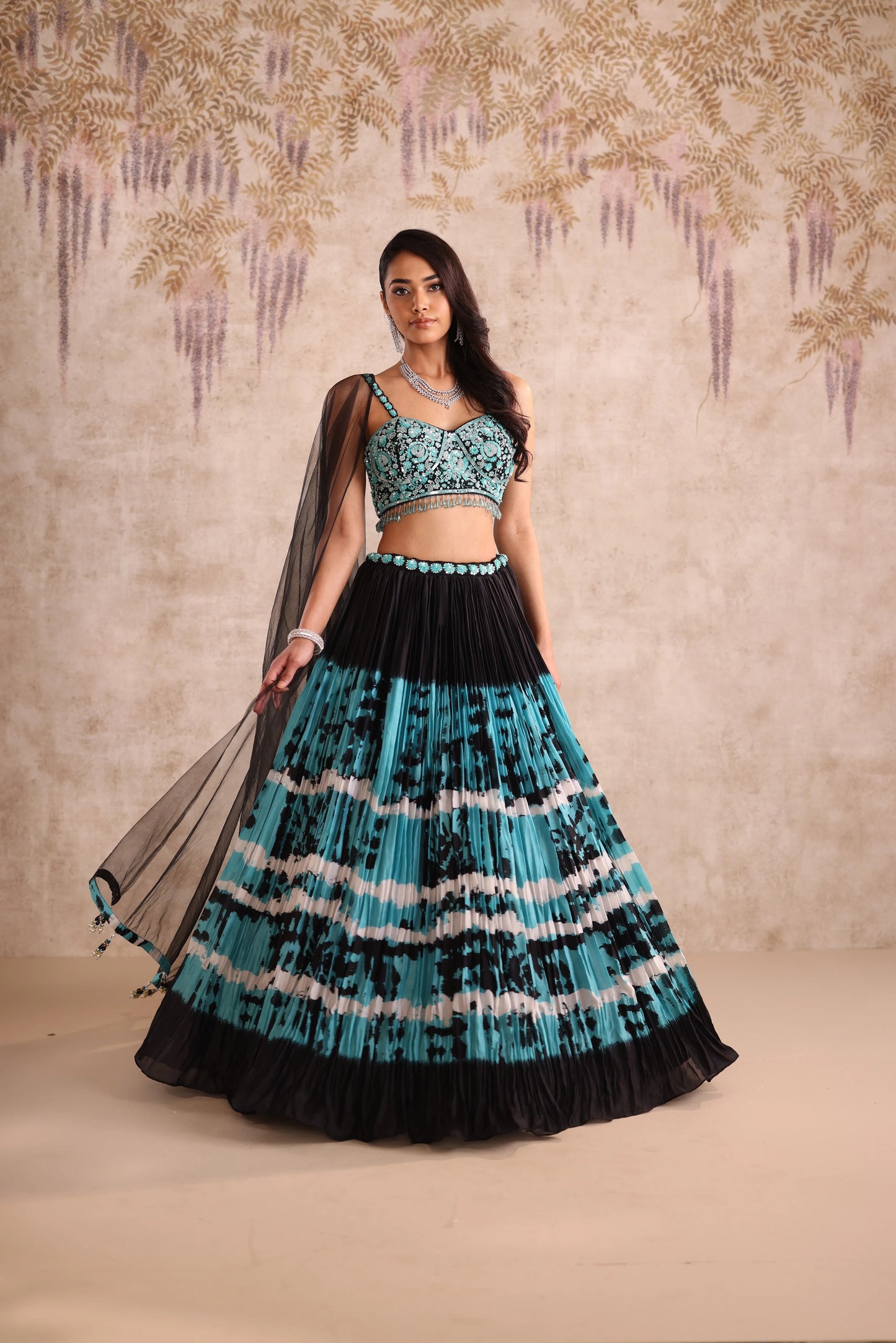 Blue & Black Tie-Dye Hand Embroidered Sangeet Lehenga