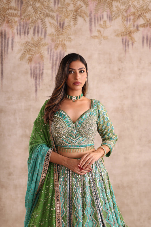 Green Mirror Work Bridesmaid Lehenga for Mehendi