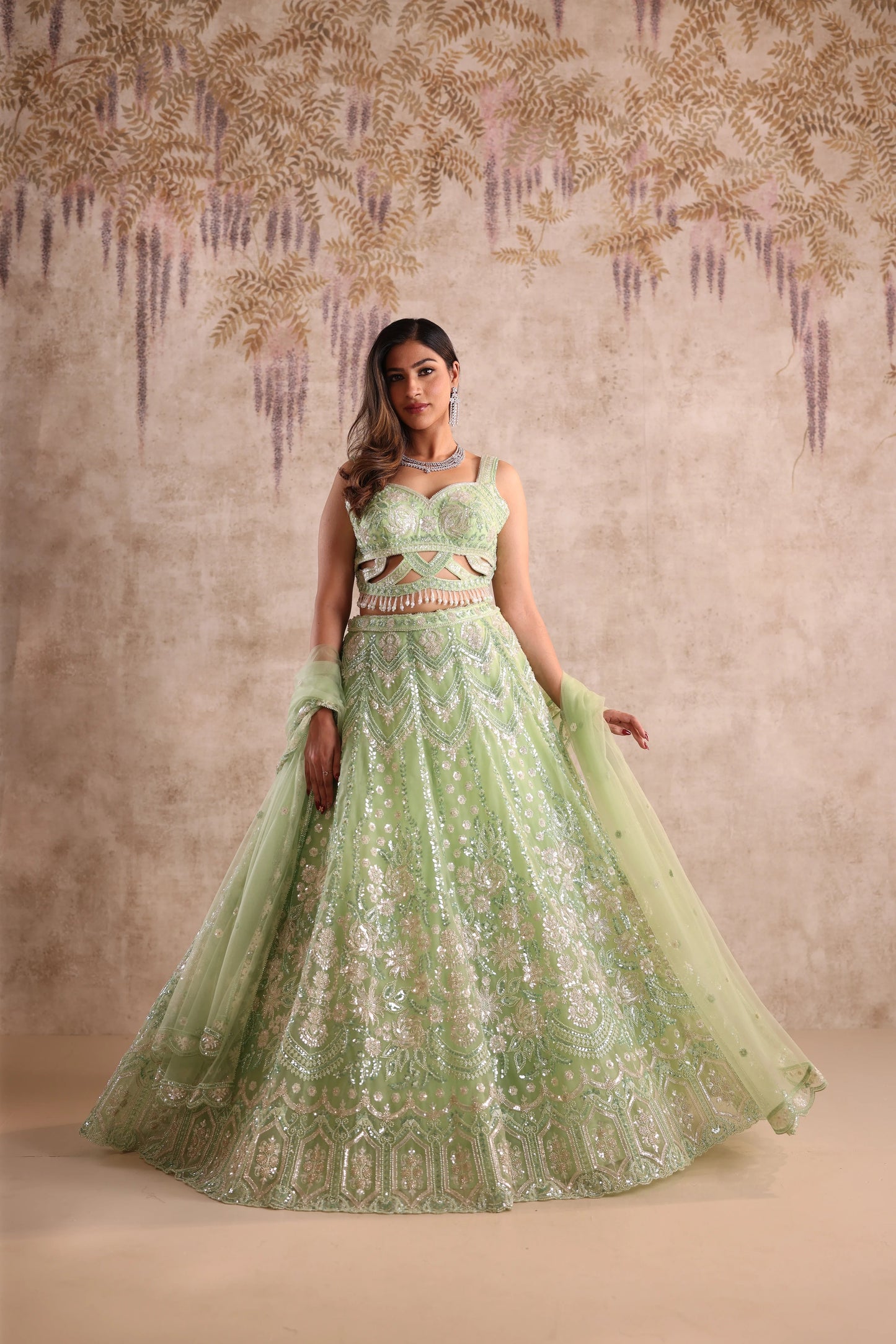 Green Sequin and Thread Embroidered Net Wedding Lehenga for Mehendi