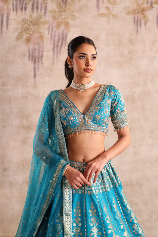 Sky Blue Zari Woven Wedding Lehenga