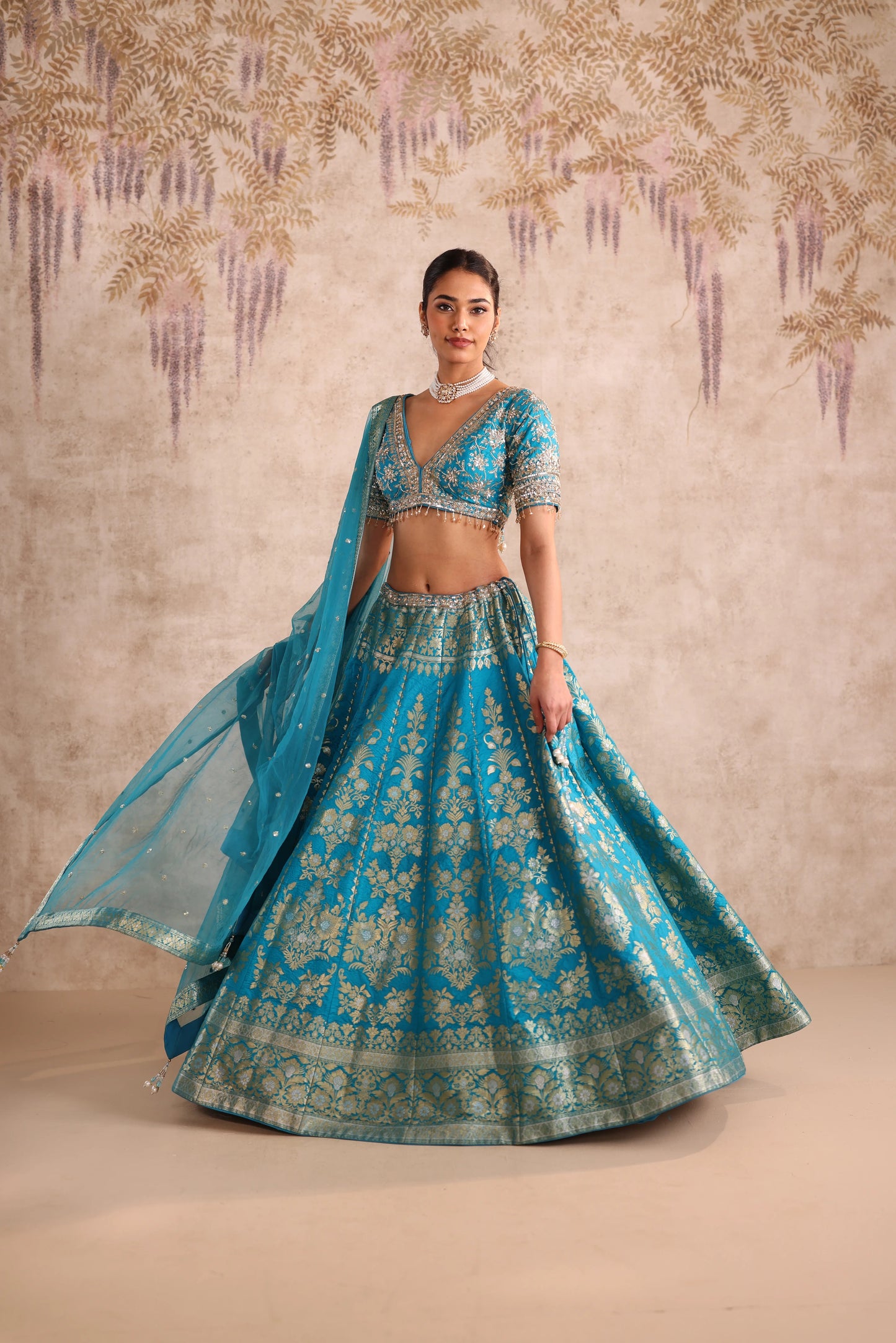 Sky Blue Zari Woven Wedding Lehenga