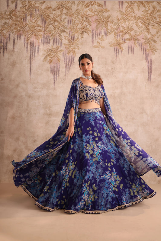 Blue Floral Embroidered Bridesmaid Lehenga Set for Sangeet