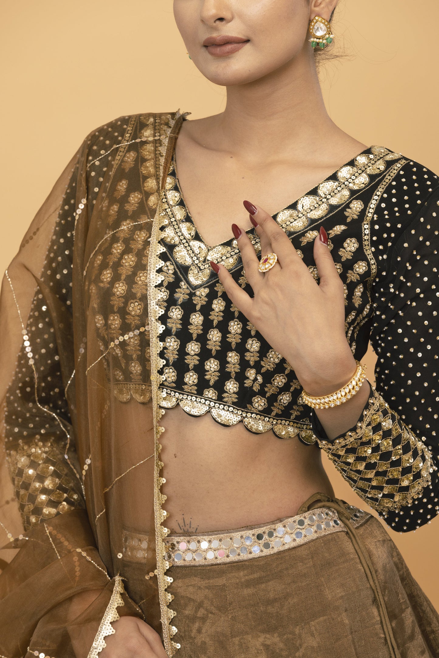 Brown Tissue Pearls, And Mirror Work Lehenga for Wedding Guest