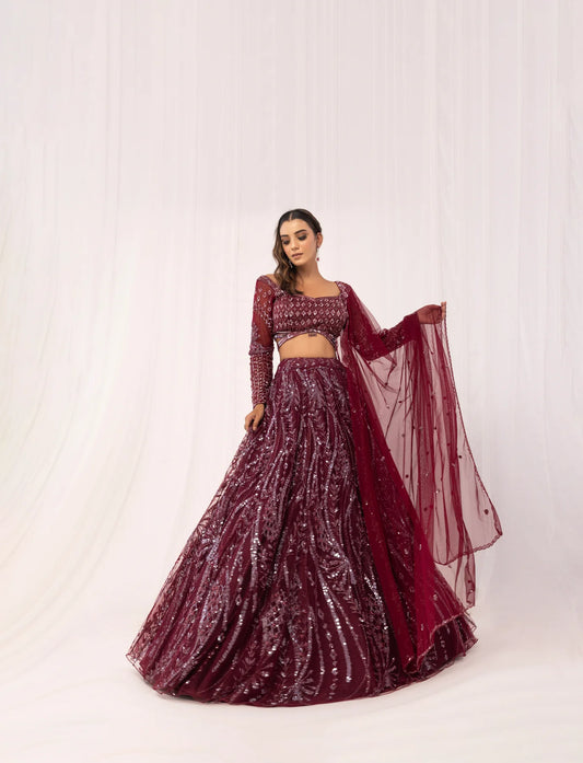 Red Sequins Embroidery Net Lehenga for Engagement