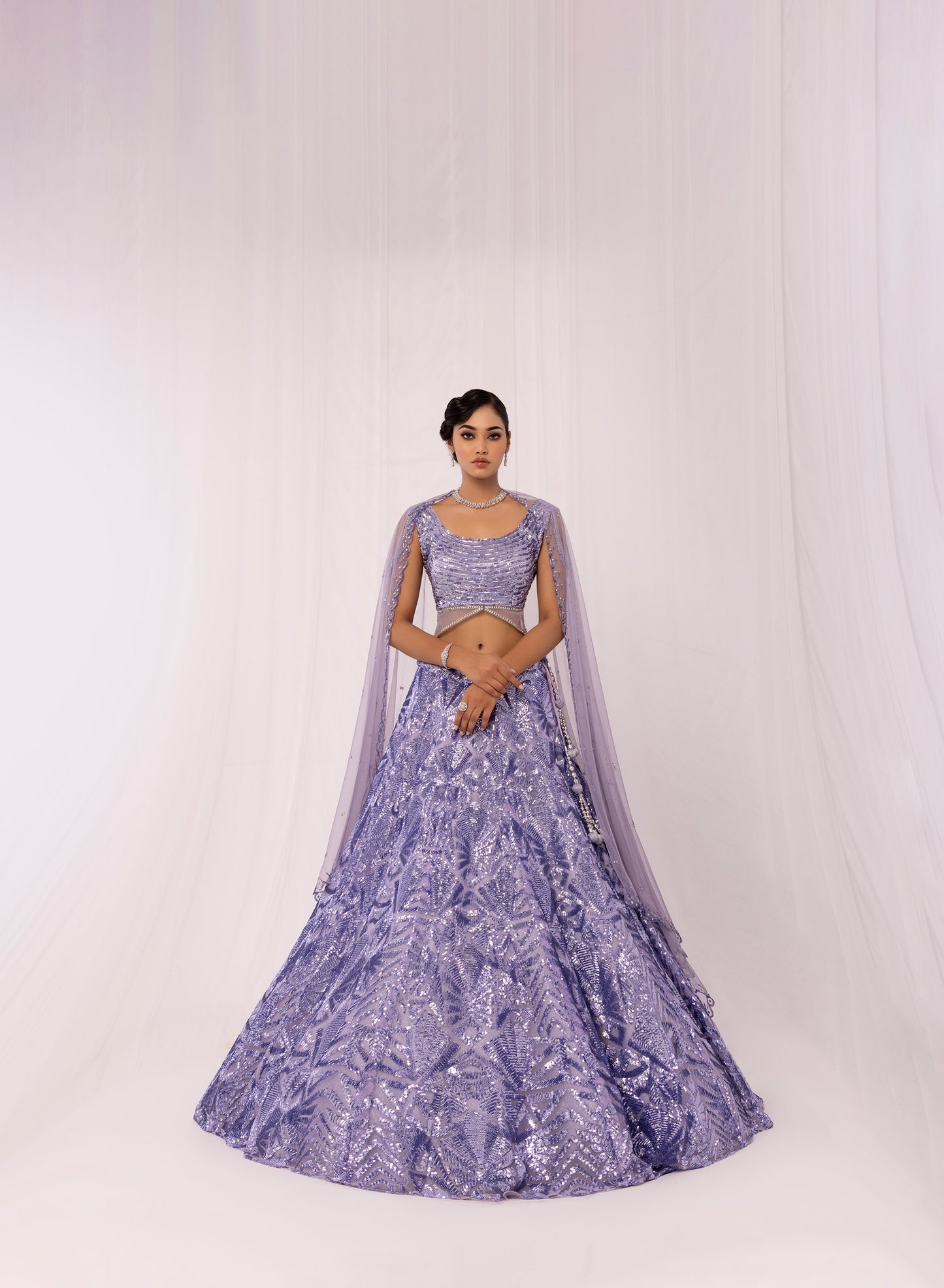 Lilac Pearl Embroidery Net Sangeet Lehenga