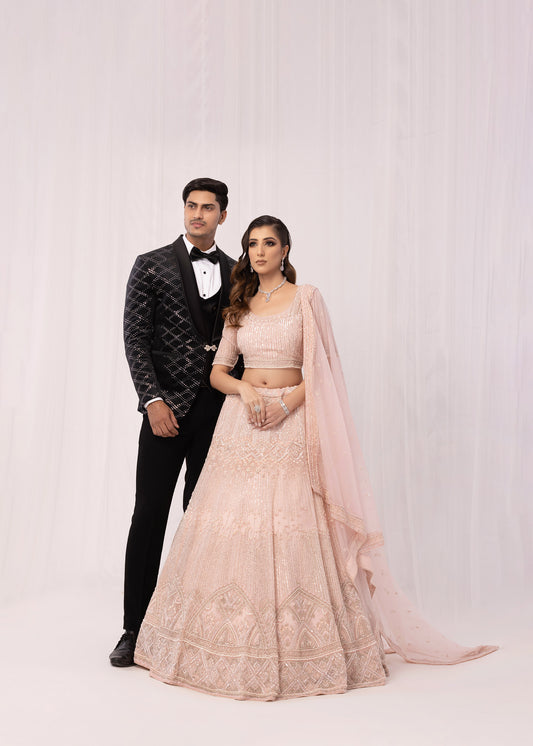 Pink Net Sequins Embroidery Reception Lehenga