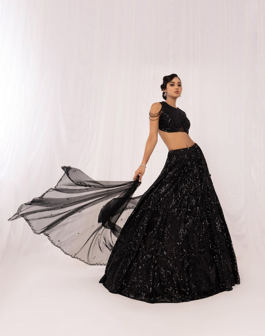 Black Sequins Embroidered Net Bridesmaid Lehenga