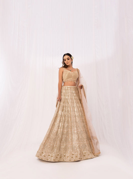 Gold Net Sequins Embroidery Reception Lehenga
