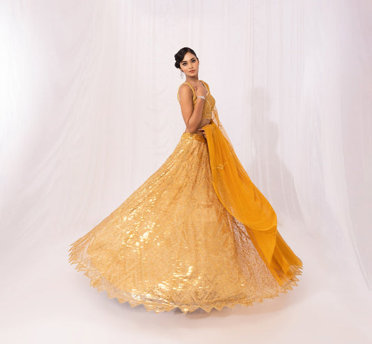 Gold Sequins Embroidered Net Bridesmaid Lehenga