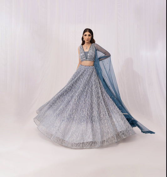 Blue Sequins Embroidery Net Bridesmaid Lehenga