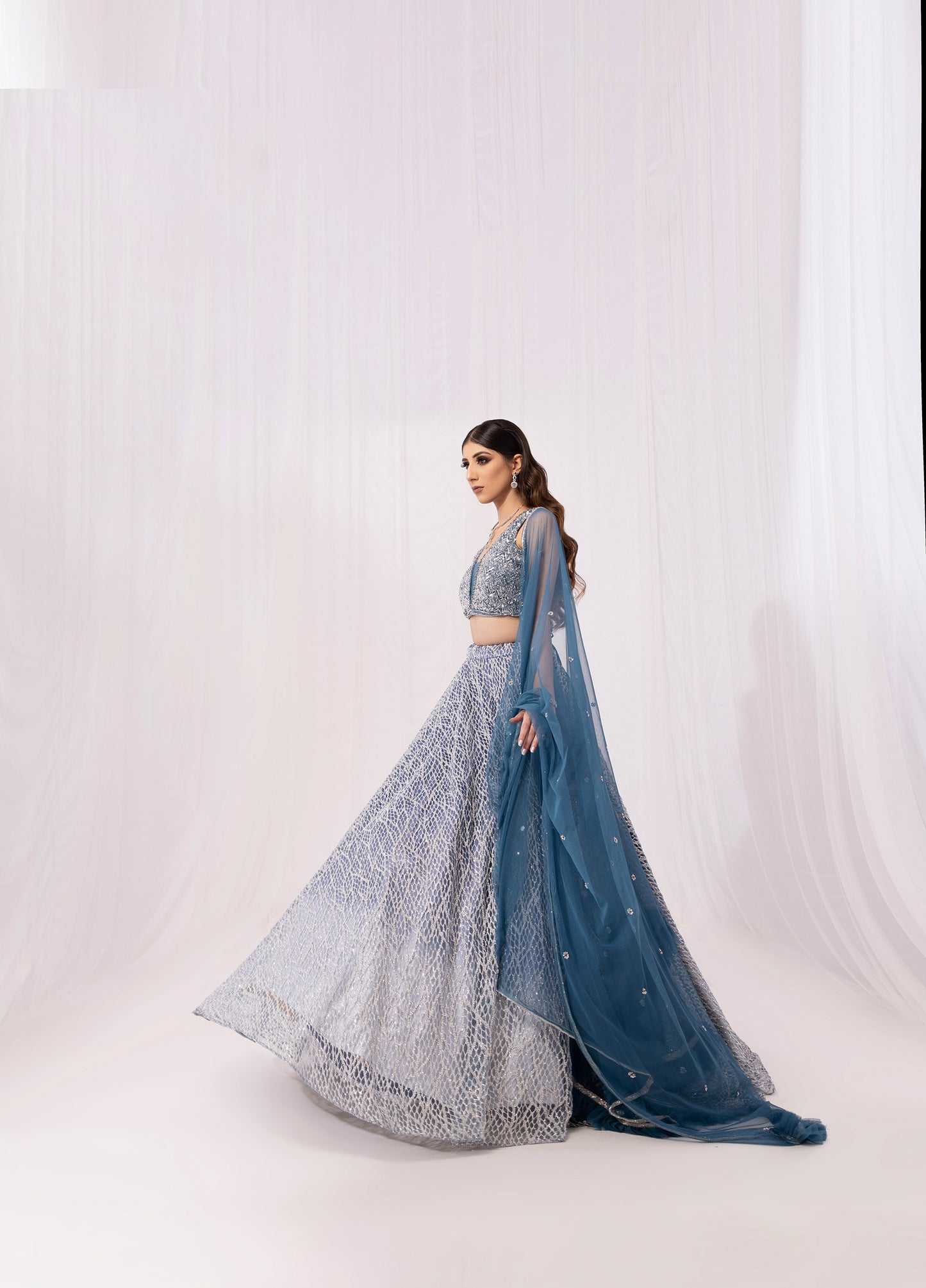 Blue Sequins Embroidery Net Bridesmaid Lehenga