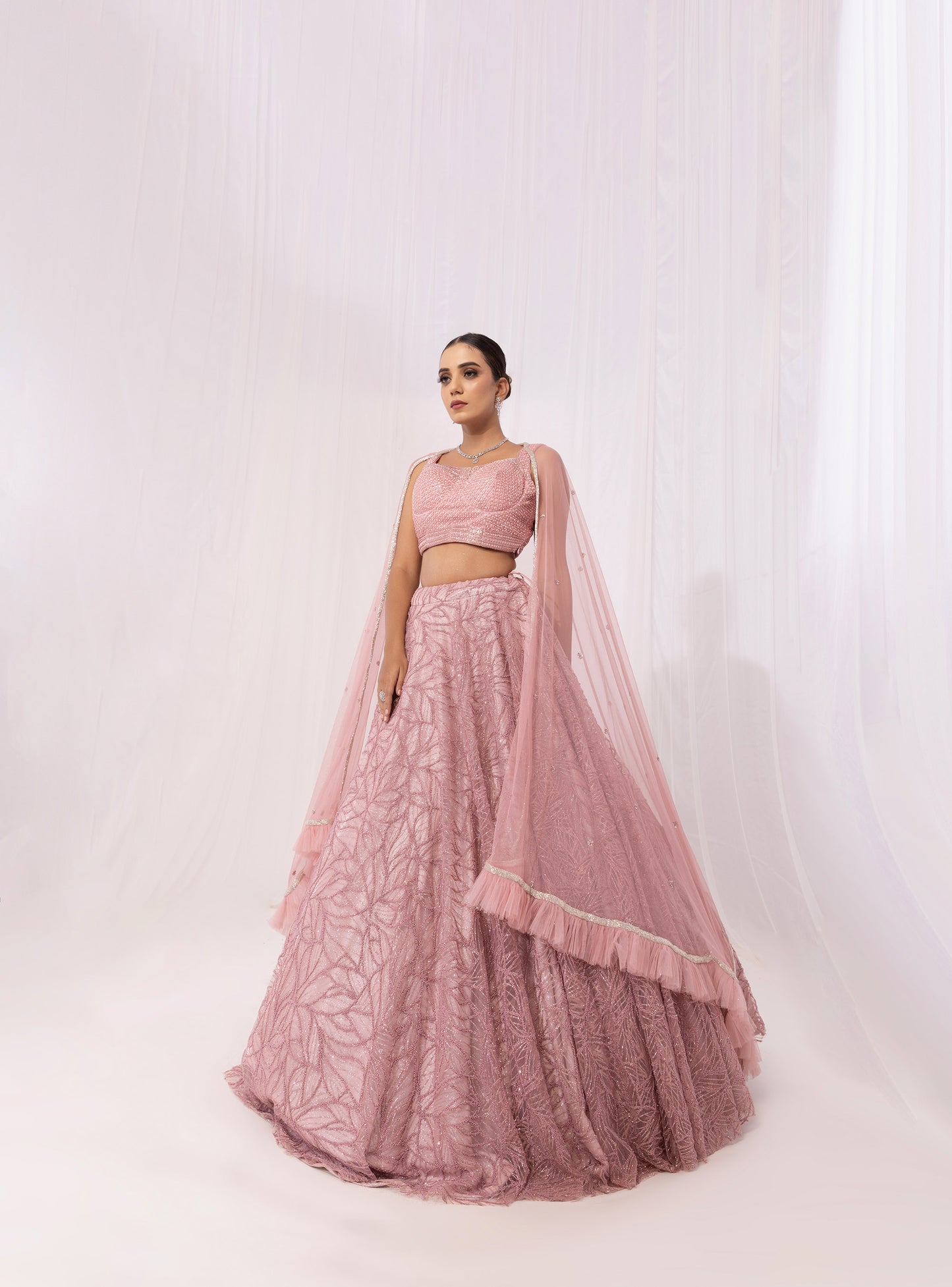 Pink Sequins Embroidered Net Reception Lehenga