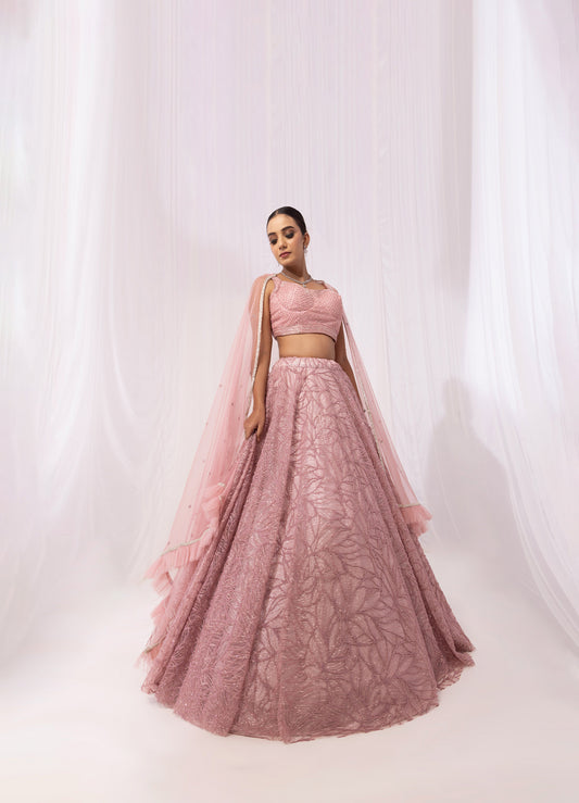 Pink Sequins Embroidered Net Reception Lehenga
