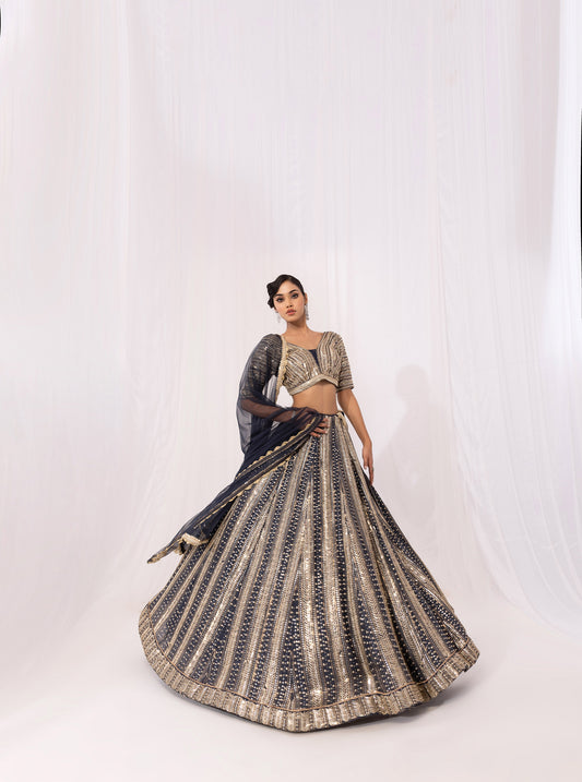 Royal Blue Pearl Embroidery Chinnon Wedding Reception Lehenga