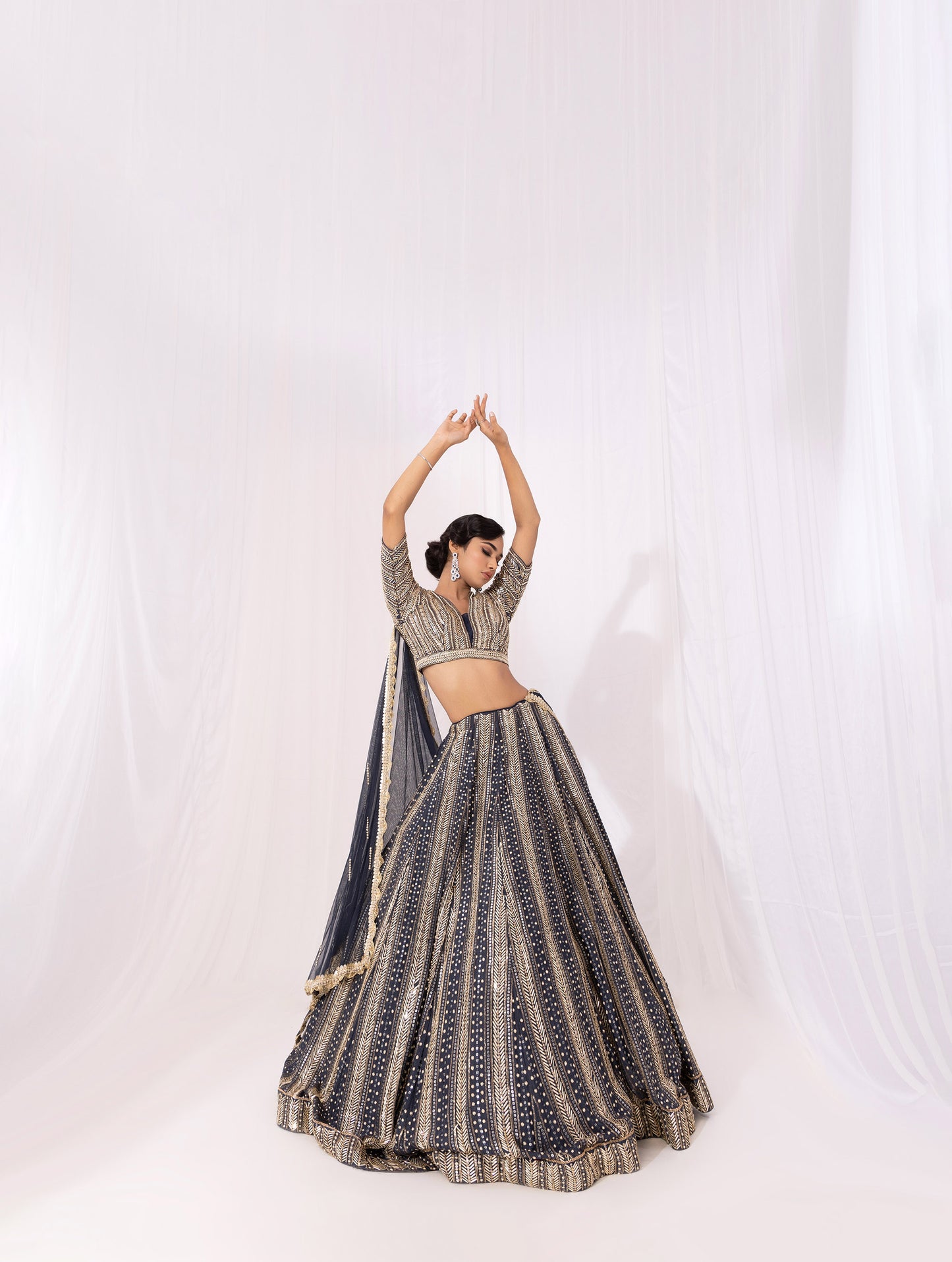 Royal Blue Pearl Embroidery Chinnon Wedding Reception Lehenga