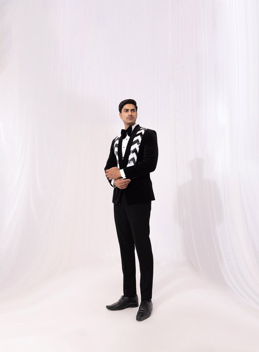 Black Velvet Embroidery Monochrome Reception Tuxedo