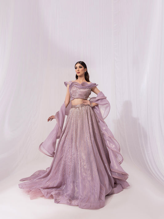 Mauve Cutdana Embroidery Organza Reception Lehenga