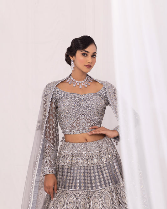 Silver Mirror Embroidery Net Engagement Lehenga