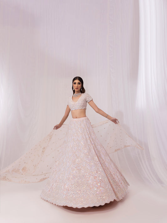 Pink Sequins Embroidery Organza Wedding Lehenga