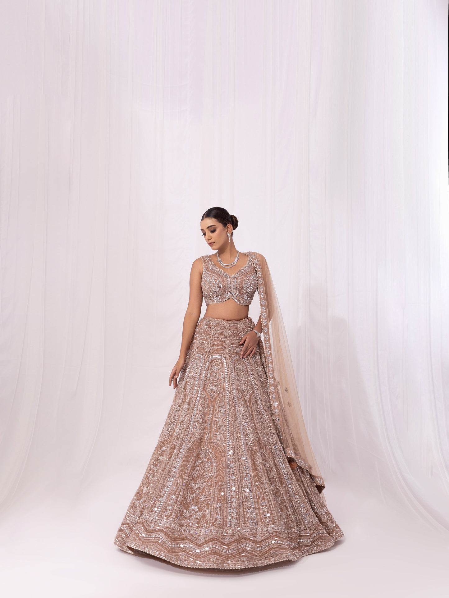 Nude Pink Mirror Embroidery Net Reception Lehenga