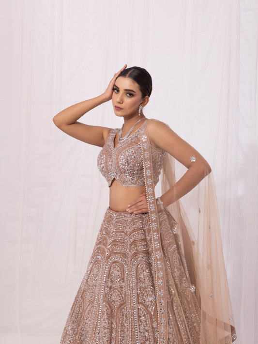 Champagne Net Heavy Hand & Mirror Embroidered Bridal Lehenga