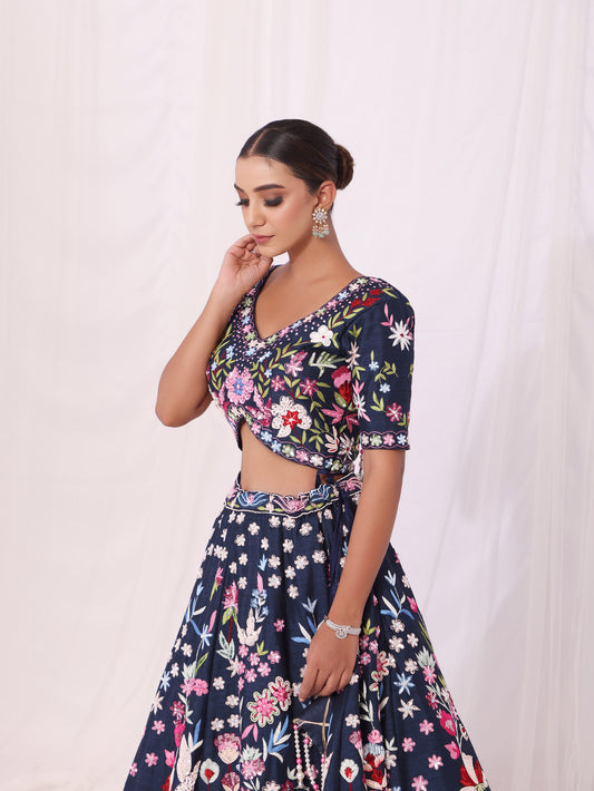 Dark Blue Sequins Embroidery Floral Reception Lehenga