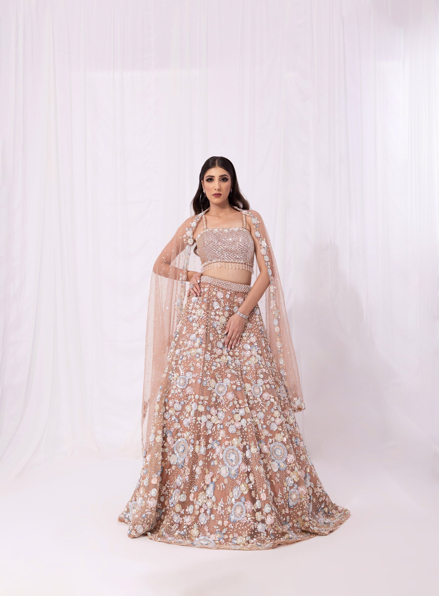 Peach Sequins Embroidery Net Bridesmaid Lehenga