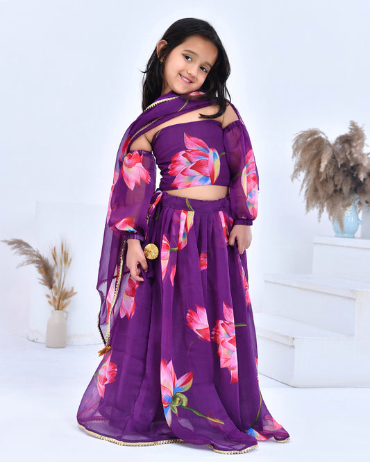 Purple Floral Printed Chiffon Lehenga Set