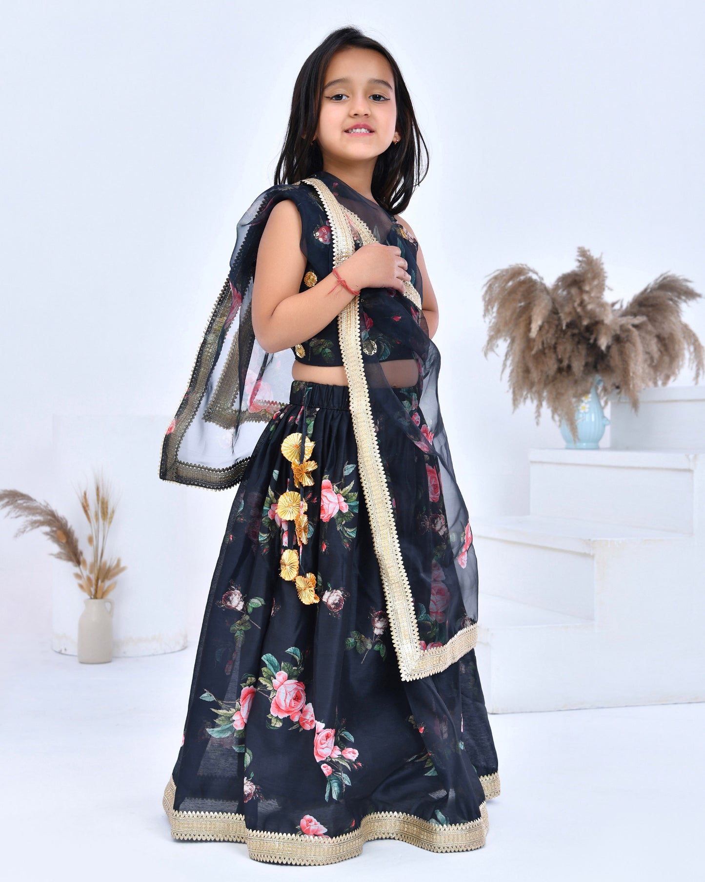 Black Floral Printed Chanderi Lehenga Set