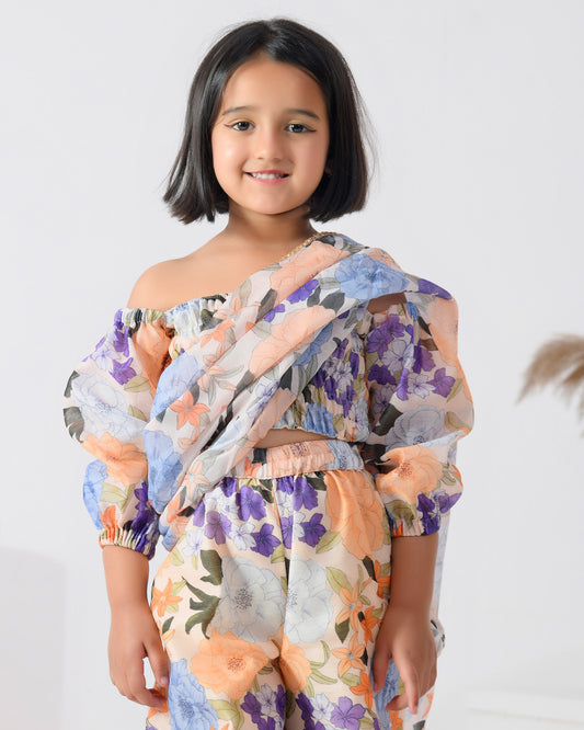 Peach Floral Chanderi Palazzo Saree