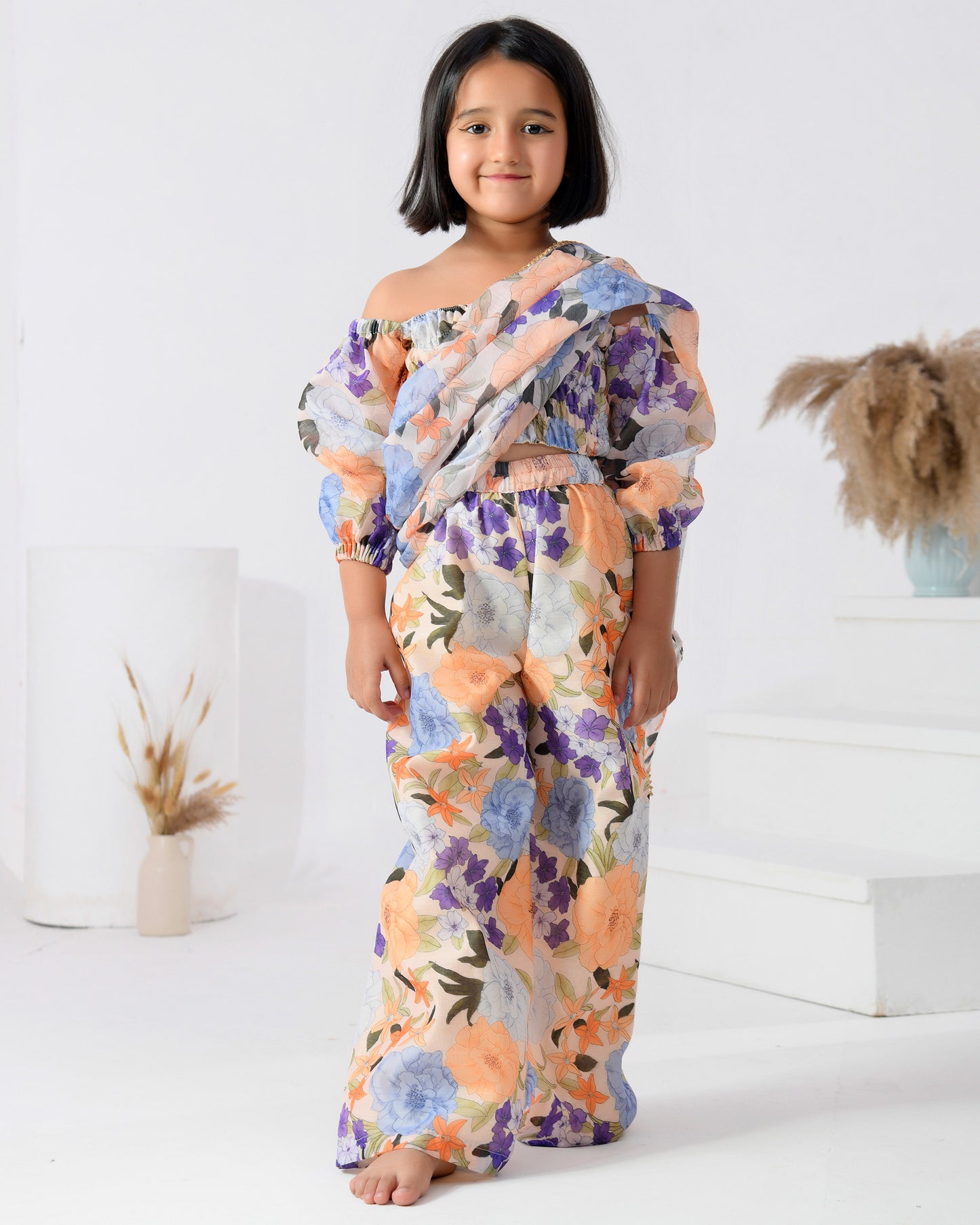 Peach Floral Chanderi Palazzo Saree