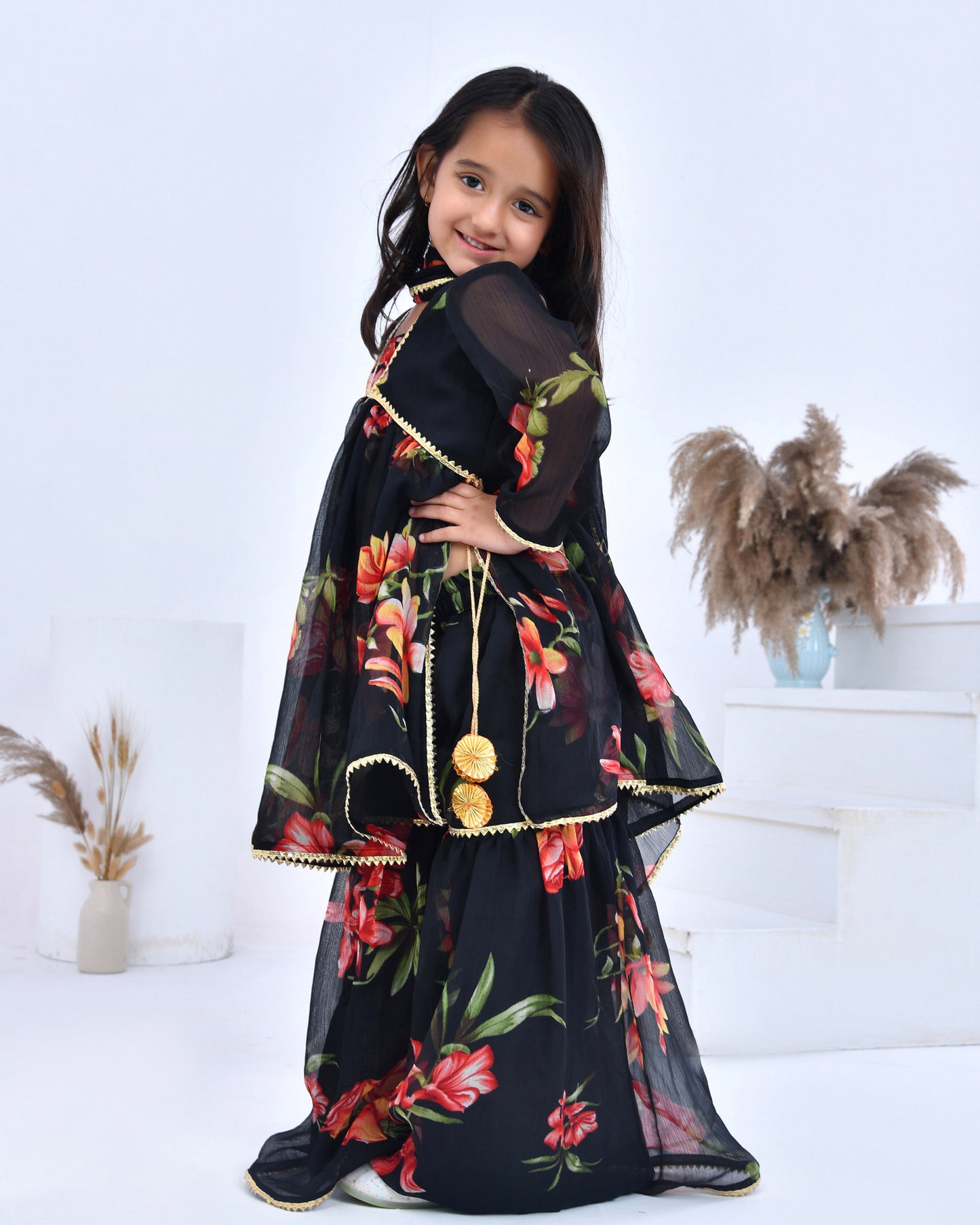 Black Printed Chiffon Sharara Set