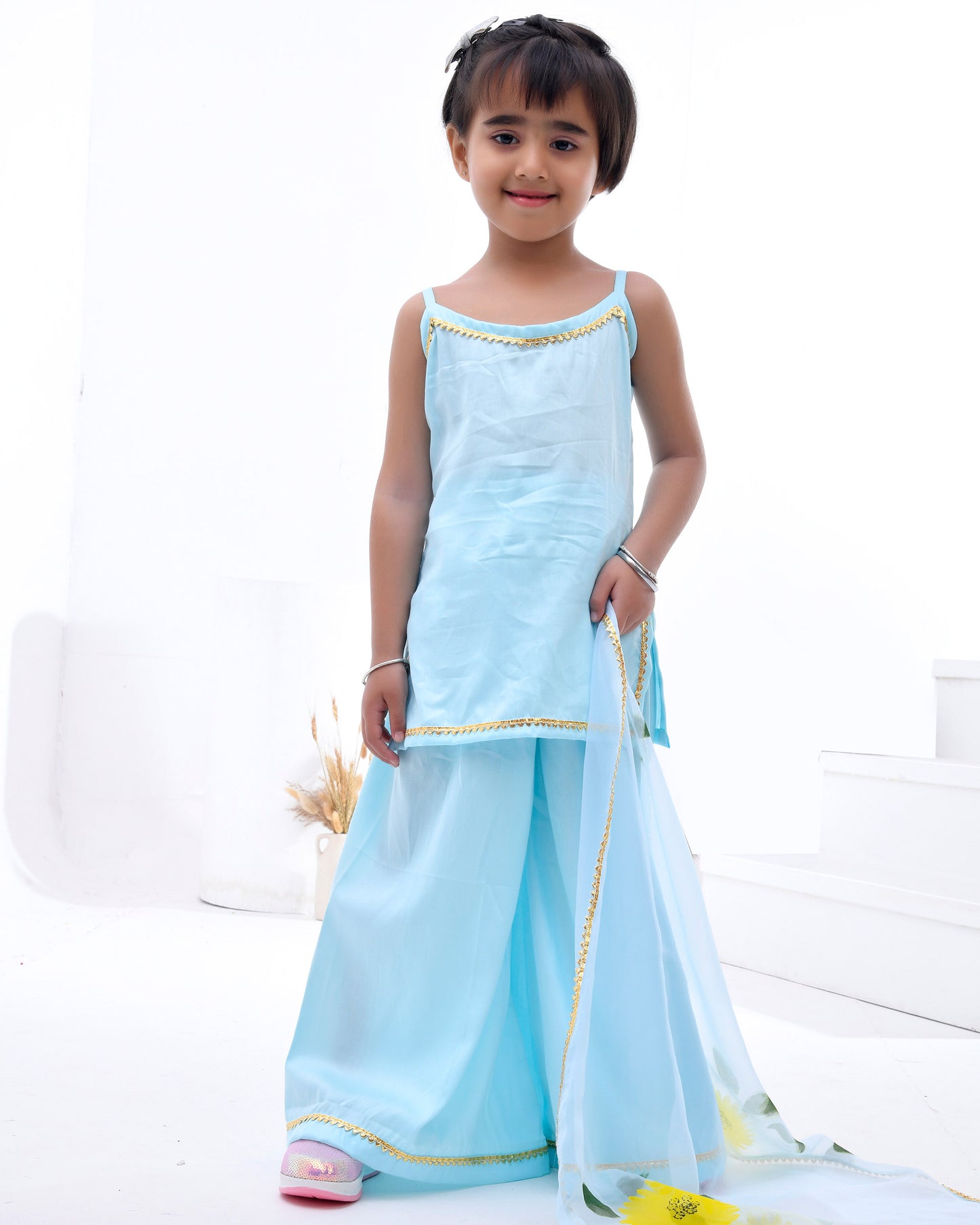 Sky Blue Cotton Silk Hand Painted Sharara Set