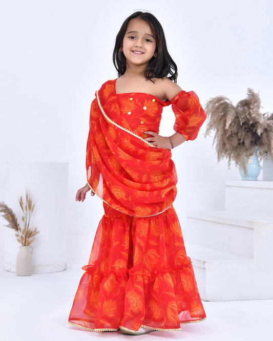 Orange Pre- Draped Sharara Saree With Blouse