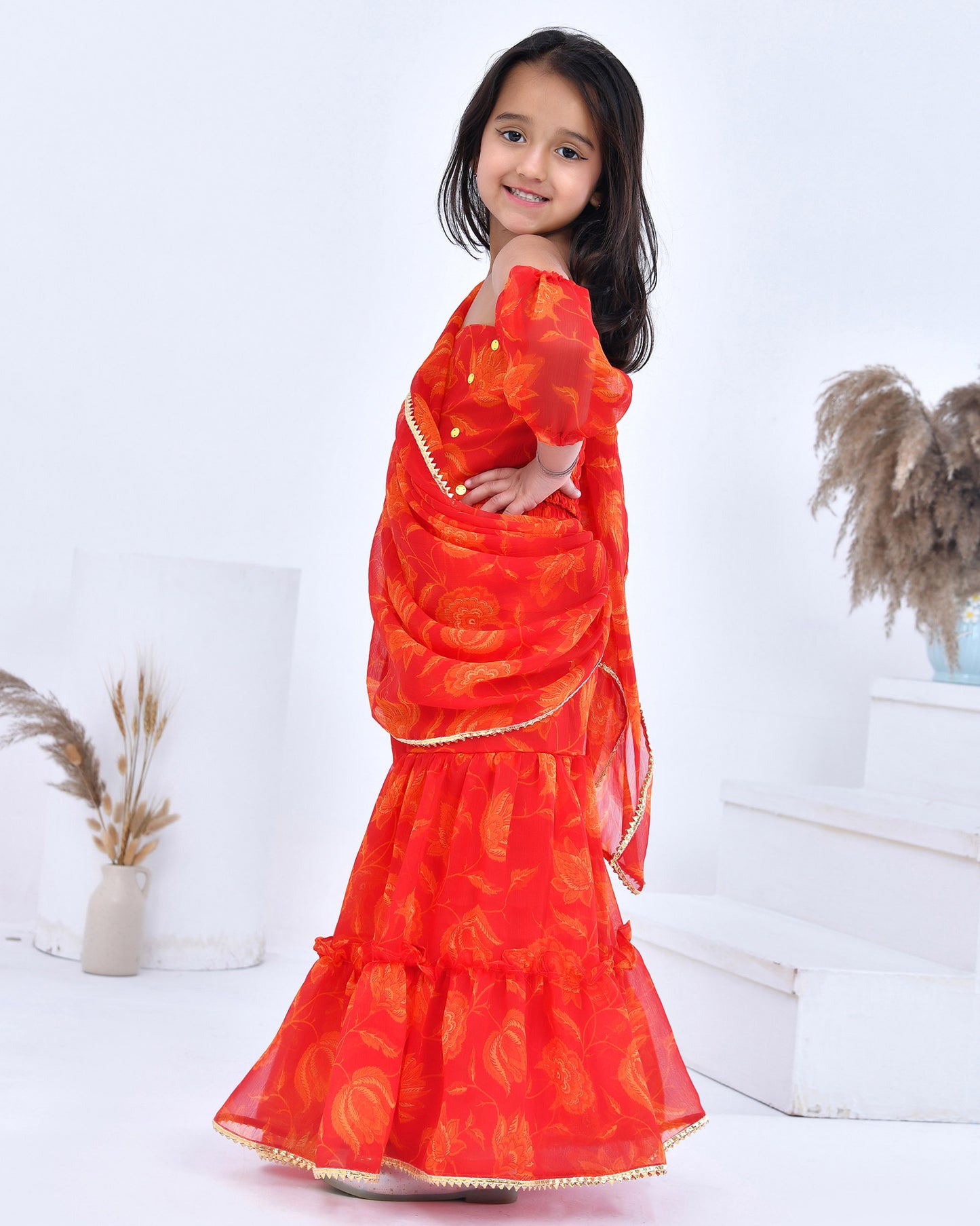 Orange Pre- Draped Sharara Saree With Blouse