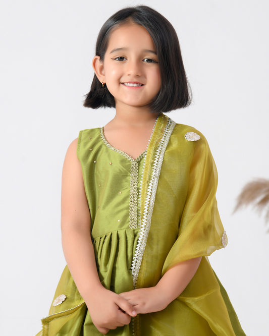 Green Taffeta Silk Dhoti Set