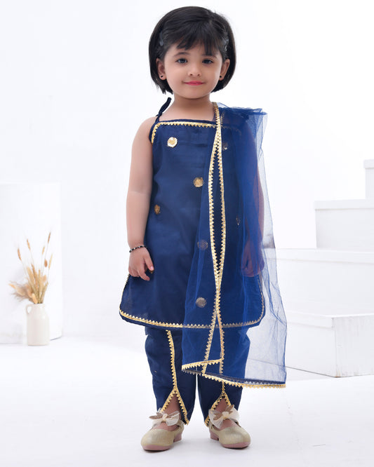 Navy Blue Cotton Silk Embellished Dhoti Set