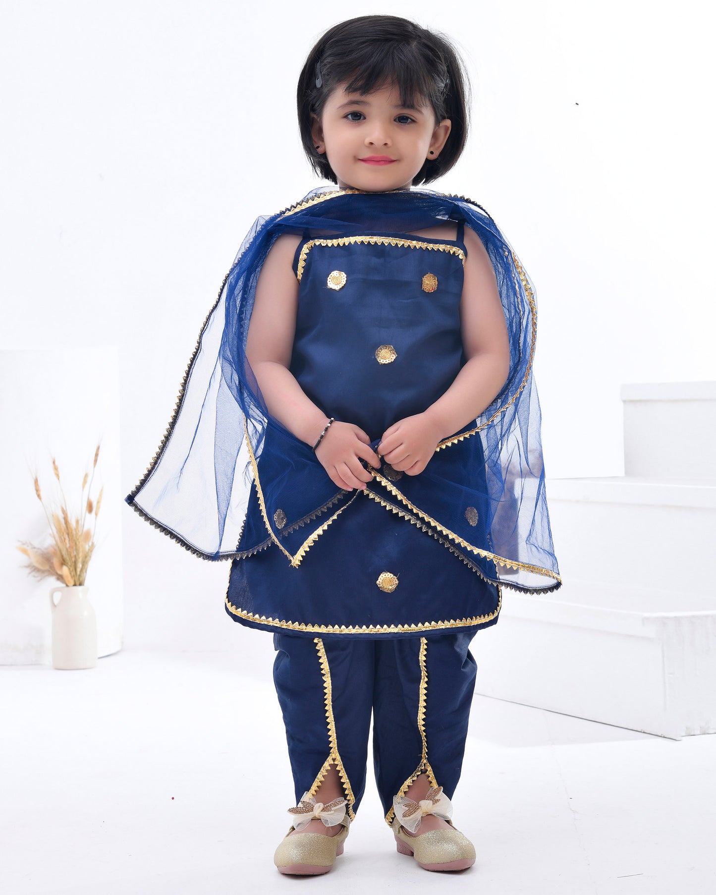 Navy Blue Cotton Silk Embellished Dhoti Set