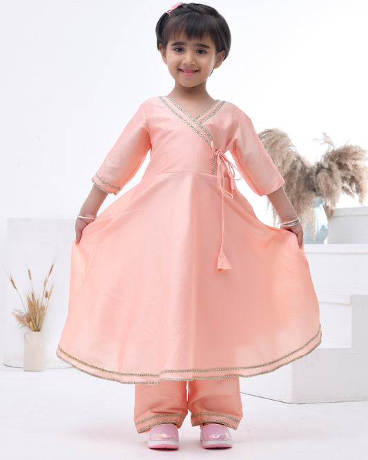 Peach Taffeta Silk Embellished Anarkali Set