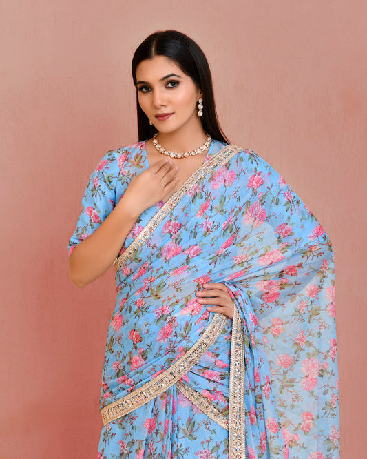 Saroj Georgette Gota Pre-Stitched Blue Festive Saree
