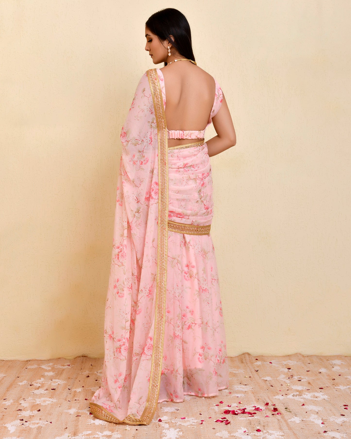 Pushkar Georgette Pre-Stitched Pink Sangeet Saree