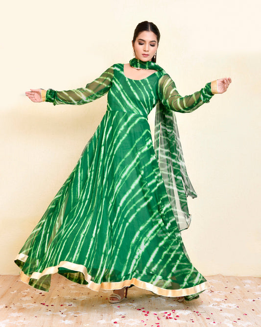 Panna Georgette Green Gota Anarkali & Dupatta Set