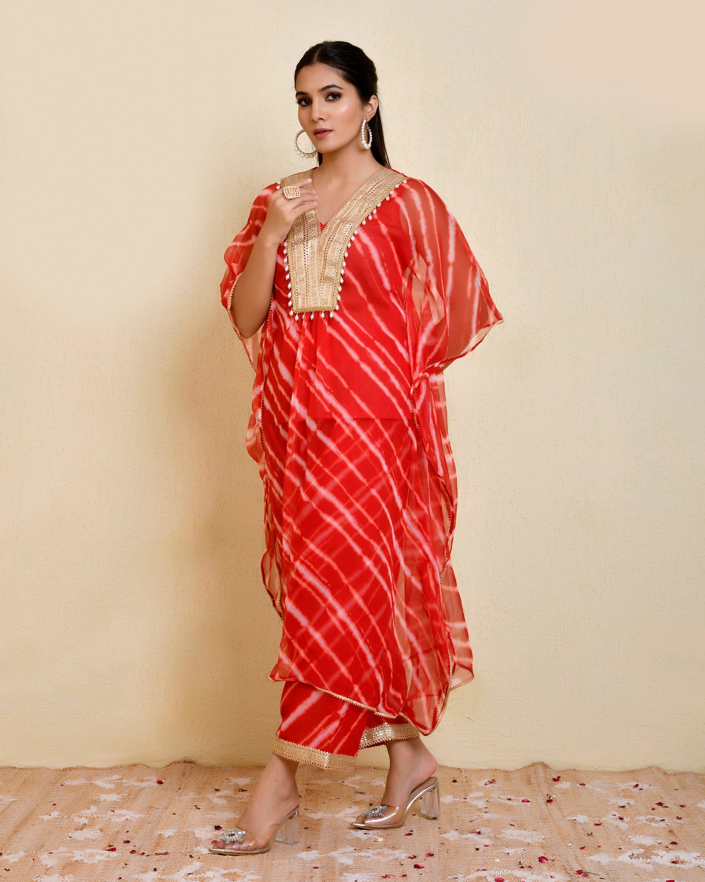 Gulab Georgette Red Gota Kaftan Set