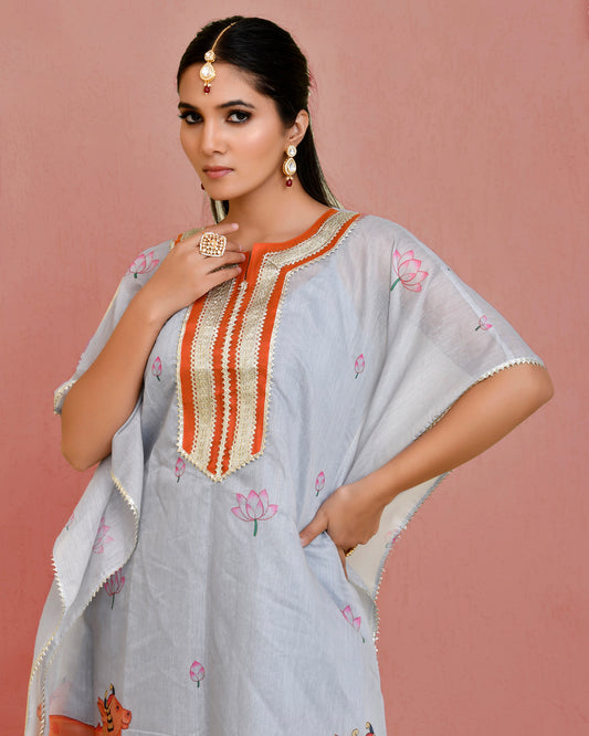 Kamdhenu Chanderi Gota Grey Kaftan Set