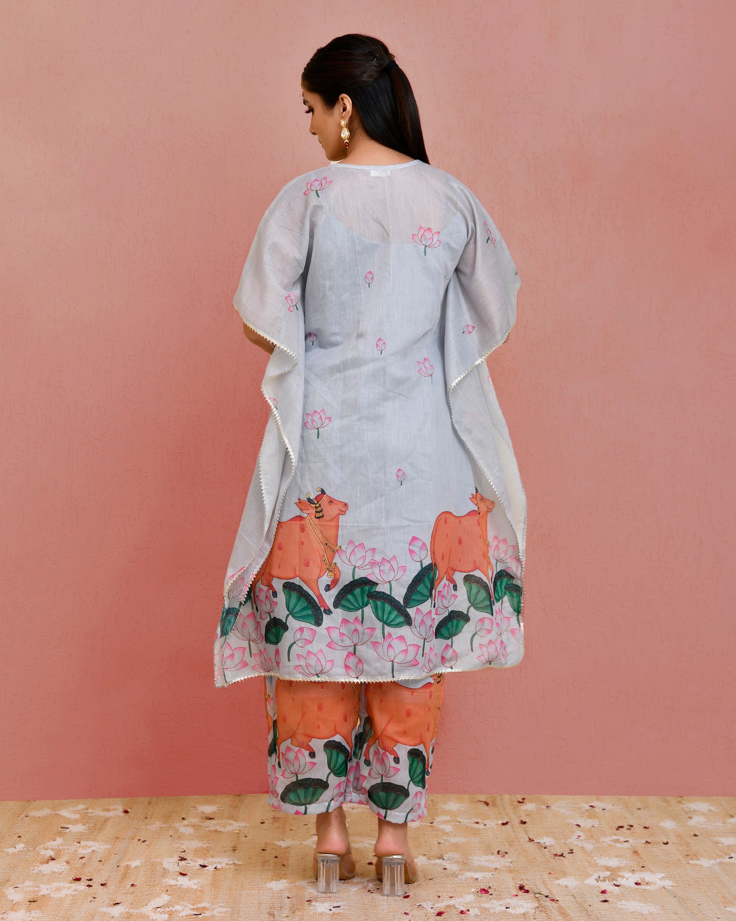 Kamdhenu Chanderi Gota Grey Kaftan Set