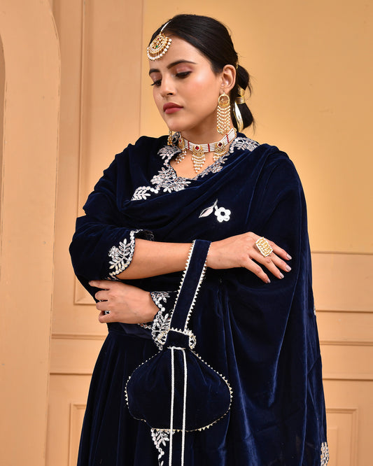 Midnight Blue Velvet Lehenga Set
