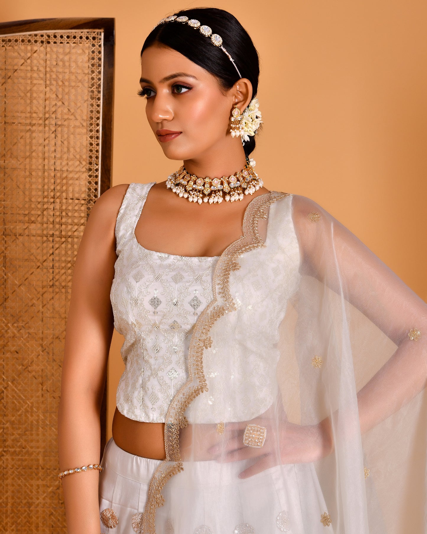 Champa Cotton Silk Smoke white Lehenga Set