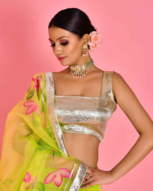 Leela Hand Painted Organza Green Lehenga Set